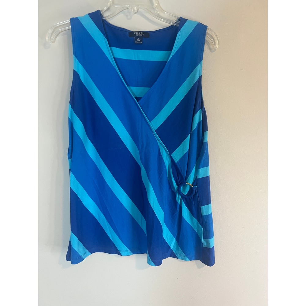 Chaps Womens Blue Striped Faux Wrap Sleeveless Top V-Neck O-Ring Accent Large